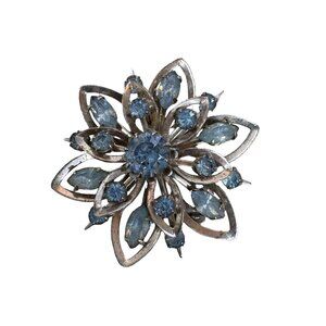 Vintage Signed Blue Topaz Coro Silver Tone Rhinestone Floral Star Brooch Pin 2"